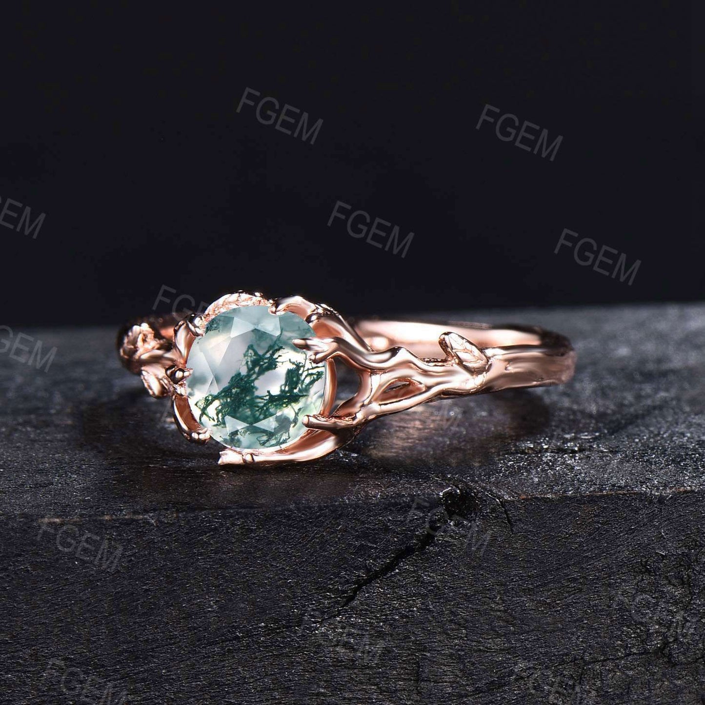 Art Deco Round Moss Agate Engagement Ring Set Rose Gold Green Moss Wedding Ring Branch Leaf Green Natural Gemstone Ring Unique Proposal Gift