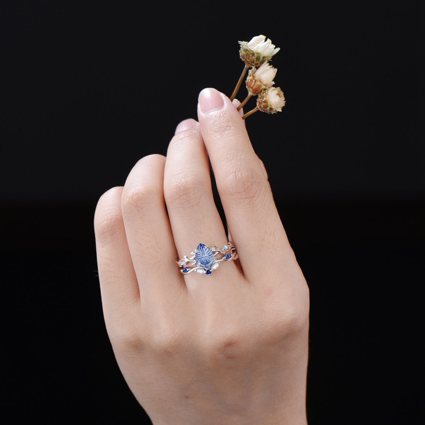 1.25CT Pear Cut Cornflower Blue Sapphire Engagement Ring Set White Gold Twig Vine Moonstone Sapphire Wedding Ring Fantasy Cut Bridal Ring