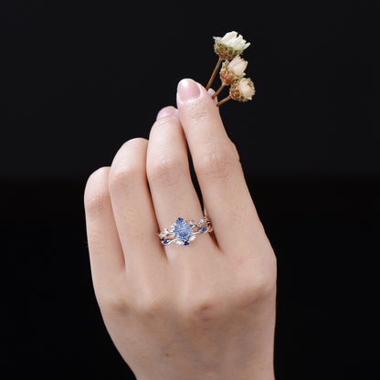 1.25CT Pear Cut Cornflower Blue Sapphire Engagement Ring Set White Gold Twig Vine Moonstone Sapphire Wedding Ring Fantasy Cut Bridal Ring