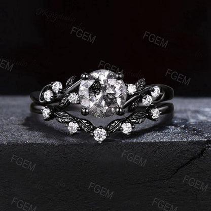 Natural Salt And Pepper Diamond Round Engagement Ring Set 14k White Gold Vine Twig Leaf Stacking Ring Unique Art Deco Bridal Promise Ring