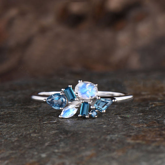 Delicate Natural London Blue Topaz Wedding Band Dainty Natural Moonstone Cluster Ring Minimalist 14k Rose Gold Engagement Gift For Women