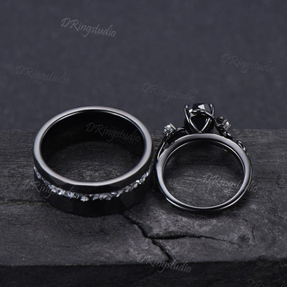 Gothic Natural Black Onyx Couples Promise Ring Set Black Gold Twig Leaf Witchy Engagement Ring Set Black Tungsten His and Hers Wedding Band