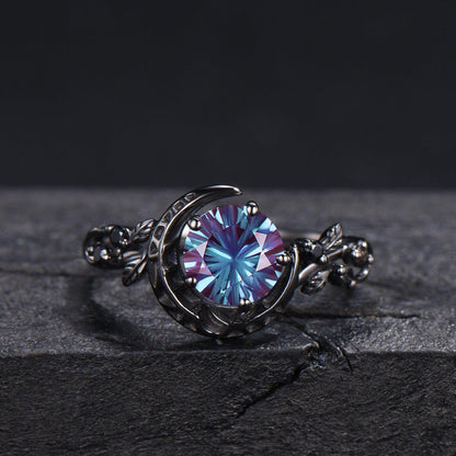 1ct Fireworks Cut Color-Change Alexandrite Black Moon Bridal Ring Set Black Gold leaf Vine Black Spinel Round Engagement Ring Gift for Women