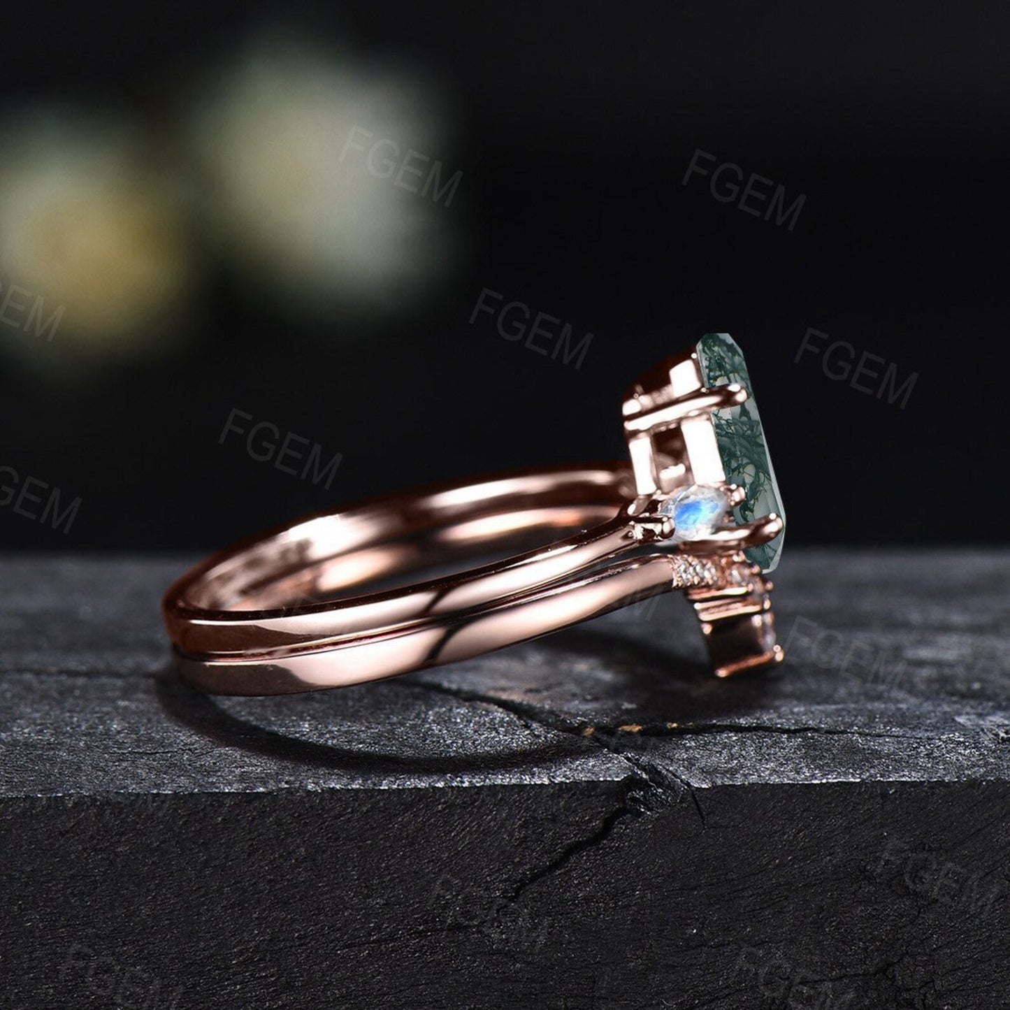 Long Hexagon Natural Moss Agate Engagement Ring Set Coffin Shaped Ring Rose Gold Marquise Cut Moonstone Ring Moissanite Wedding Ring Set