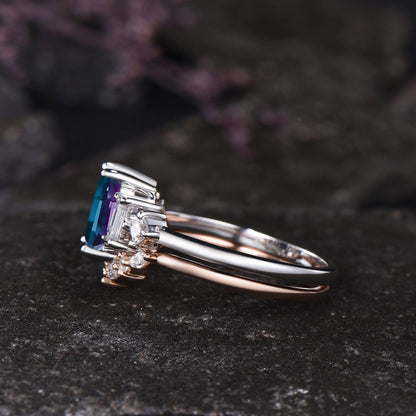 Unique June Birthstone Hexagon Cut Alexandrite Engagement Ring Set Moissanite Seven Stone Ring 14k Rose Gold 2pcs Bridal Ring Set Women