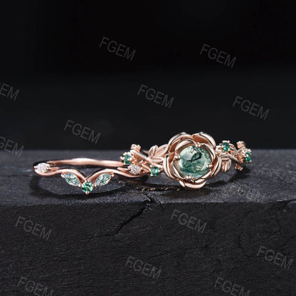 Natural Round Moss Agate Rose Flower Engagement Ring Set 10K Rose Gold Nature Inspired Floral Moss Agate Emerald Ring Green Gemstone Jewelry