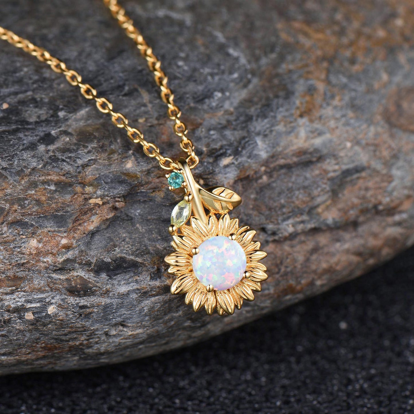Vintage White Opal Sunflower Necklace Round Cut Fire Opal With Emerald Peridot Leaf Floral Pendant Dainty October Birthstone Jewelry Gift