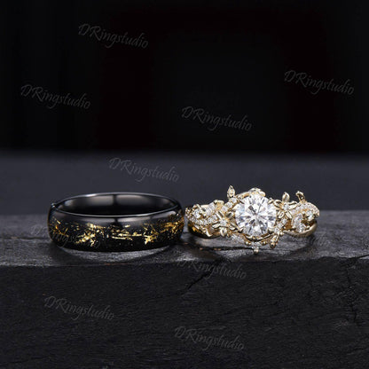 Nature Inspired Floral Round Moissanite Couple Ring Set Black Gold Leaf Tungsten Mens Wedding Ring Yellow Gold Flower Leaf Engagement Ring