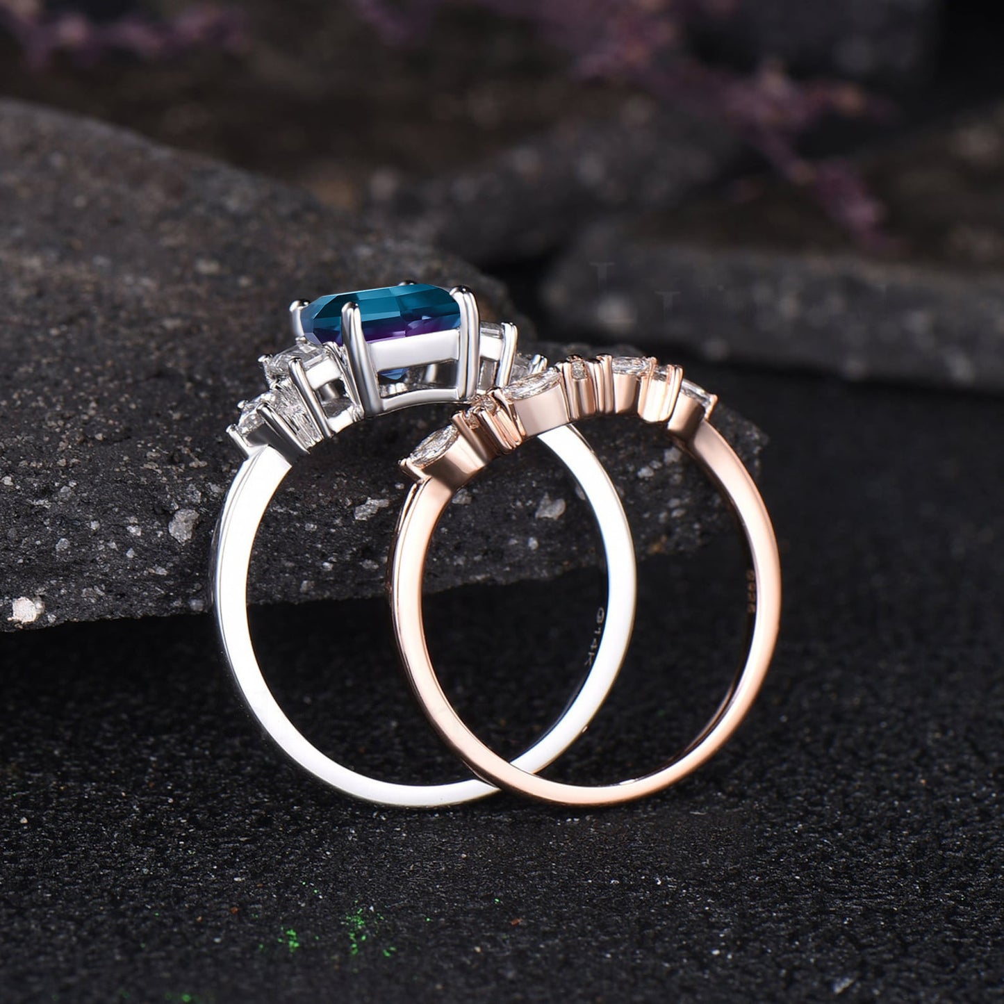 Unique June Birthstone Hexagon Cut Alexandrite Engagement Ring Set Moissanite Seven Stone Ring 14k Rose Gold 2pcs Bridal Ring Set Women