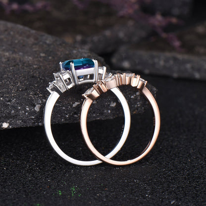 Unique June Birthstone Hexagon Cut Alexandrite Engagement Ring Set Moissanite Seven Stone Ring 14k Rose Gold 2pcs Bridal Ring Set Women
