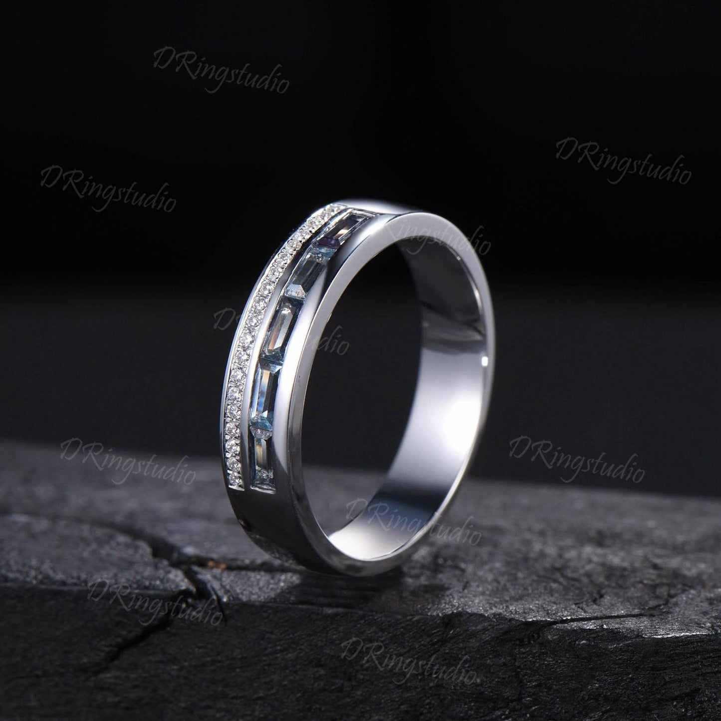 Baguette Alexandrite Mens Wedding Band 6mm White Gold Two Row Moissanite Mens Gemstone Ring Anniversary Gift for Him Husband Promise Band