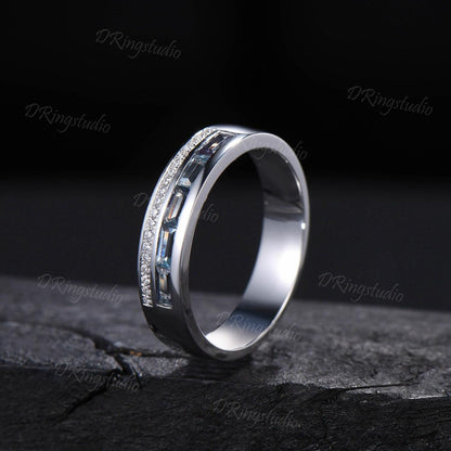 Baguette Alexandrite Mens Wedding Band 6mm White Gold Two Row Moissanite Mens Gemstone Ring Anniversary Gift for Him Husband Promise Band