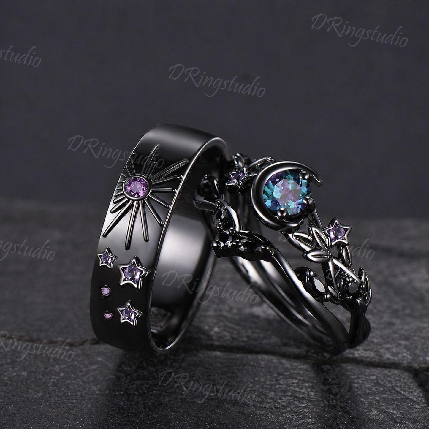 Round Color-Change Alexandrite Sun And Moon Couple Ring Set Celestial Black Gold Amethyst Matching Rings Sun & Moon Wedding Ring for Couples