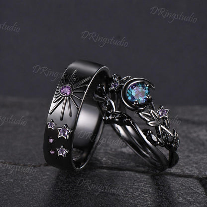 Round Color-Change Alexandrite Sun And Moon Couple Ring Set Celestial Black Gold Amethyst Matching Rings Sun & Moon Wedding Ring for Couples