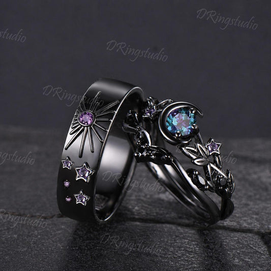 Round Color-Change Alexandrite Sun And Moon Couple Ring Set Celestial Black Gold Amethyst Matching Rings Sun & Moon Wedding Ring for Couples
