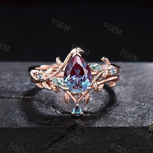 1.25ct Pear Twig Color-Change Alexandrite Wedding Rings Women Cluster Moss Agate Leaf Ring Alexandrite Branch Wedding Band June Bridal Sets