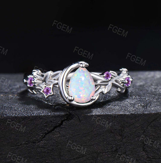 Nature Inspired Opal and Amethyst Promise Ring Moon Star Design Pear White Opal Ring Cluster Purple Amethyst Branch Leaf Vine Wedding Ring