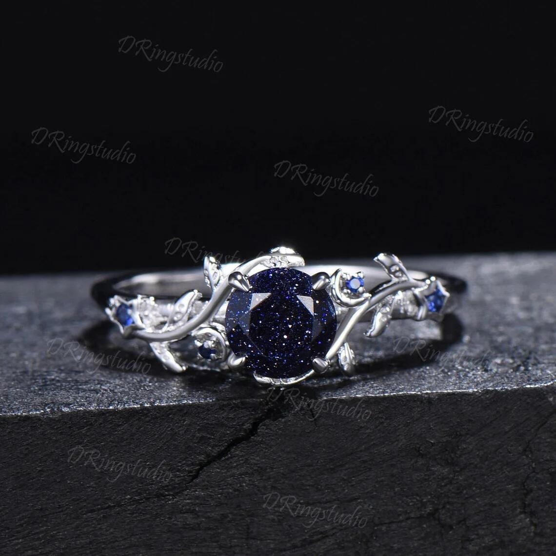 Celestial Moon Round Blue Sandstone Engagement Ring Set Nature Inspired Star Leaf Sapphire Promise Ring Black Gold Nebula Ring for Women