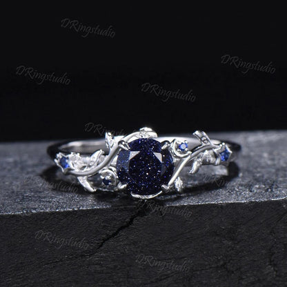 Celestial Moon Round Blue Sandstone Engagement Ring Set Nature Inspired Star Leaf Sapphire Promise Ring Black Gold Nebula Ring for Women