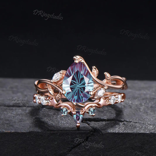 14k Rose Gold Twig Branch Leaf Engagement Ring Nature Inspired Fireworks Cut Alexandrite Bridal Set Unique Moon Star Moissanite Wedding Ring