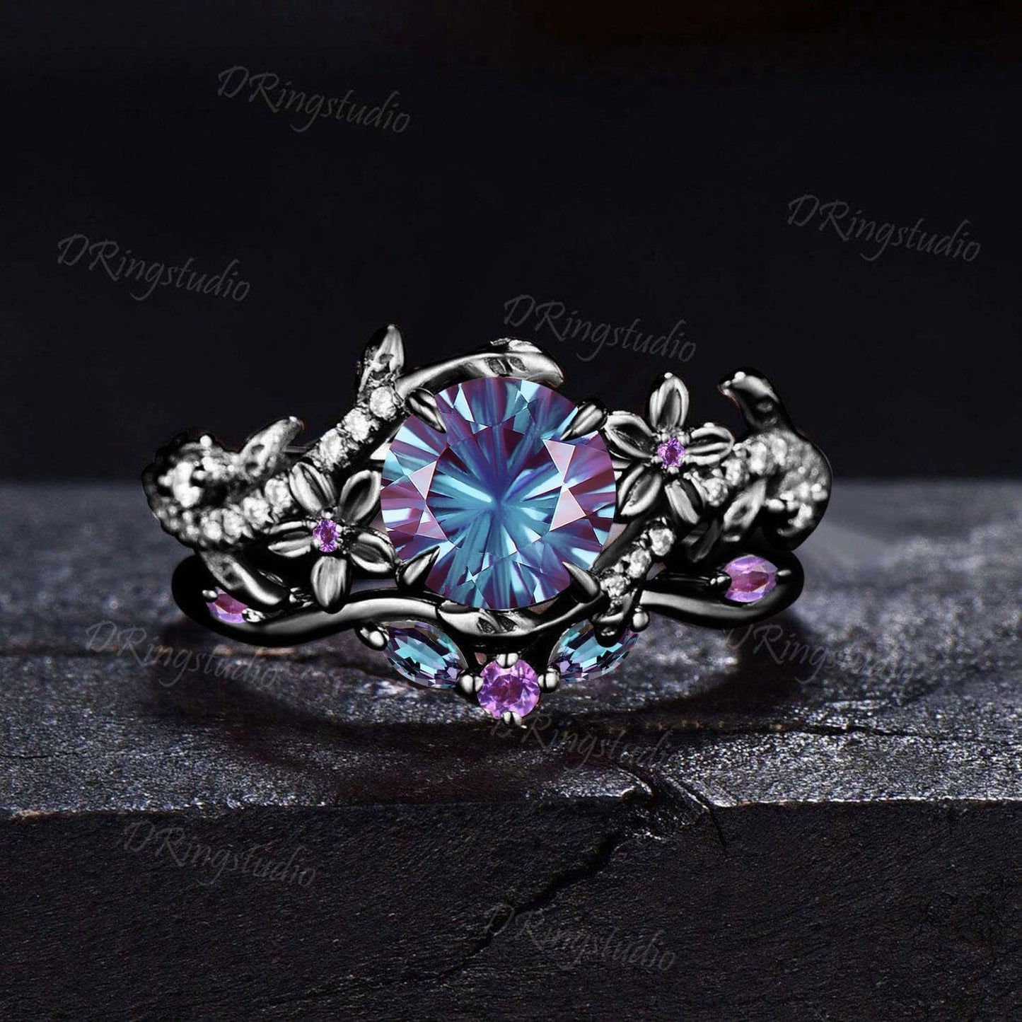 Round Fireworks Cut Color-Change Alexandrite Ring Set Black Gold Leaf Vine Moissanite Amethyst Bridal Set Floral Nature Inspired Ring Gifts