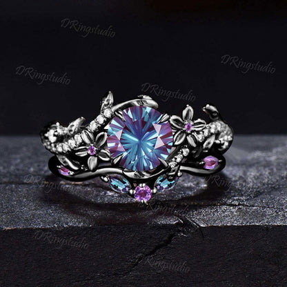 Round Fireworks Cut Color-Change Alexandrite Ring Set Black Gold Leaf Vine Moissanite Amethyst Bridal Set Floral Nature Inspired Ring Gifts