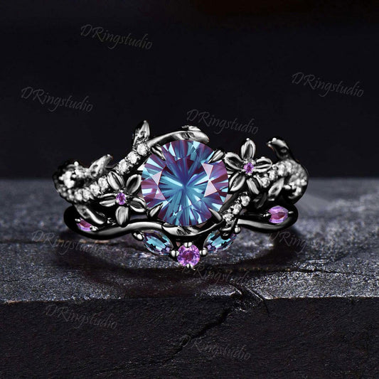 Round Fireworks Cut Color-Change Alexandrite Ring Set Black Gold Leaf Vine Moissanite Amethyst Bridal Set Floral Nature Inspired Ring Gifts