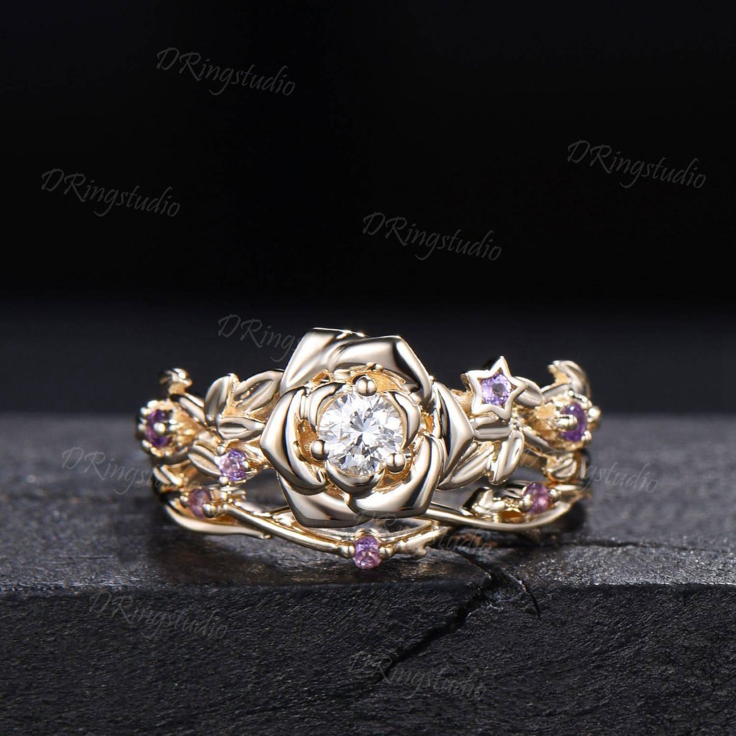 Round Lab Grown Diamond Flower Engagement Ring Set Floral Branch Leaf Bridal Set Amethyst Wedding Band 14K Yellow Gold Anniversary Gift