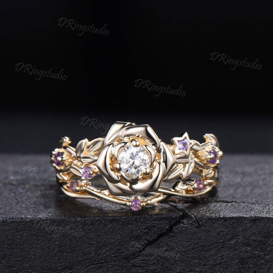 Round Lab Grown Diamond Flower Engagement Ring Set Floral Branch Leaf Bridal Set Amethyst Wedding Band 14K Yellow Gold Anniversary Gift