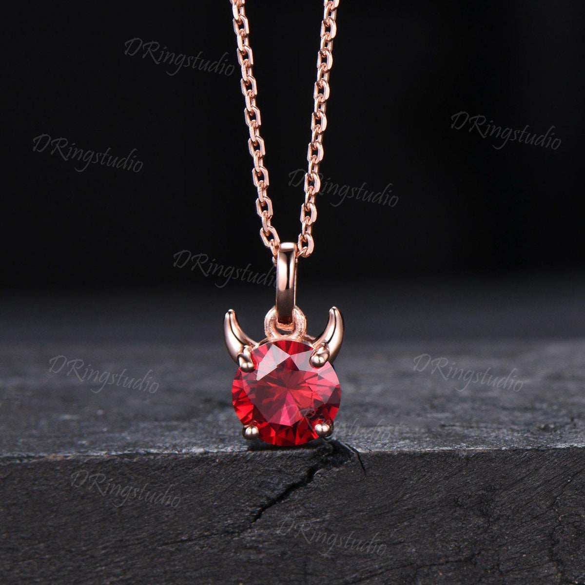 Devil pendant Unique 7mm Round Ruby Necklace Solid Black Gold Little Devil Red Gemstone Necklace July Birthstone Jewelry For Halloween