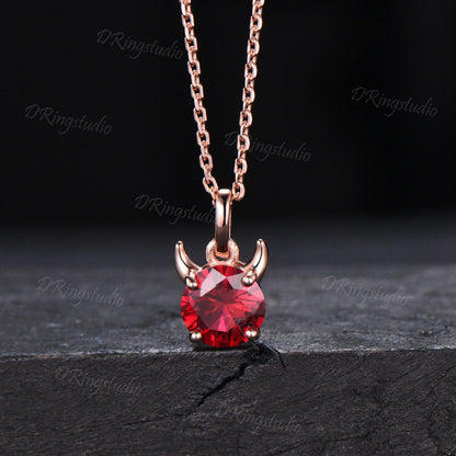 Devil pendant Unique 7mm Round Ruby Necklace Solid Black Gold Little Devil Red Gemstone Necklace July Birthstone Jewelry For Halloween