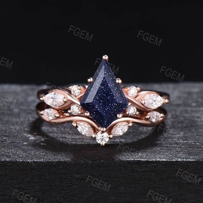 Antique Kite Galaxy Blue Sandstone Engagement Ring Set Rose Gold Starry Sandstone Bridal Set Infinity Cluster Moissanite Ring Proposal Gifts