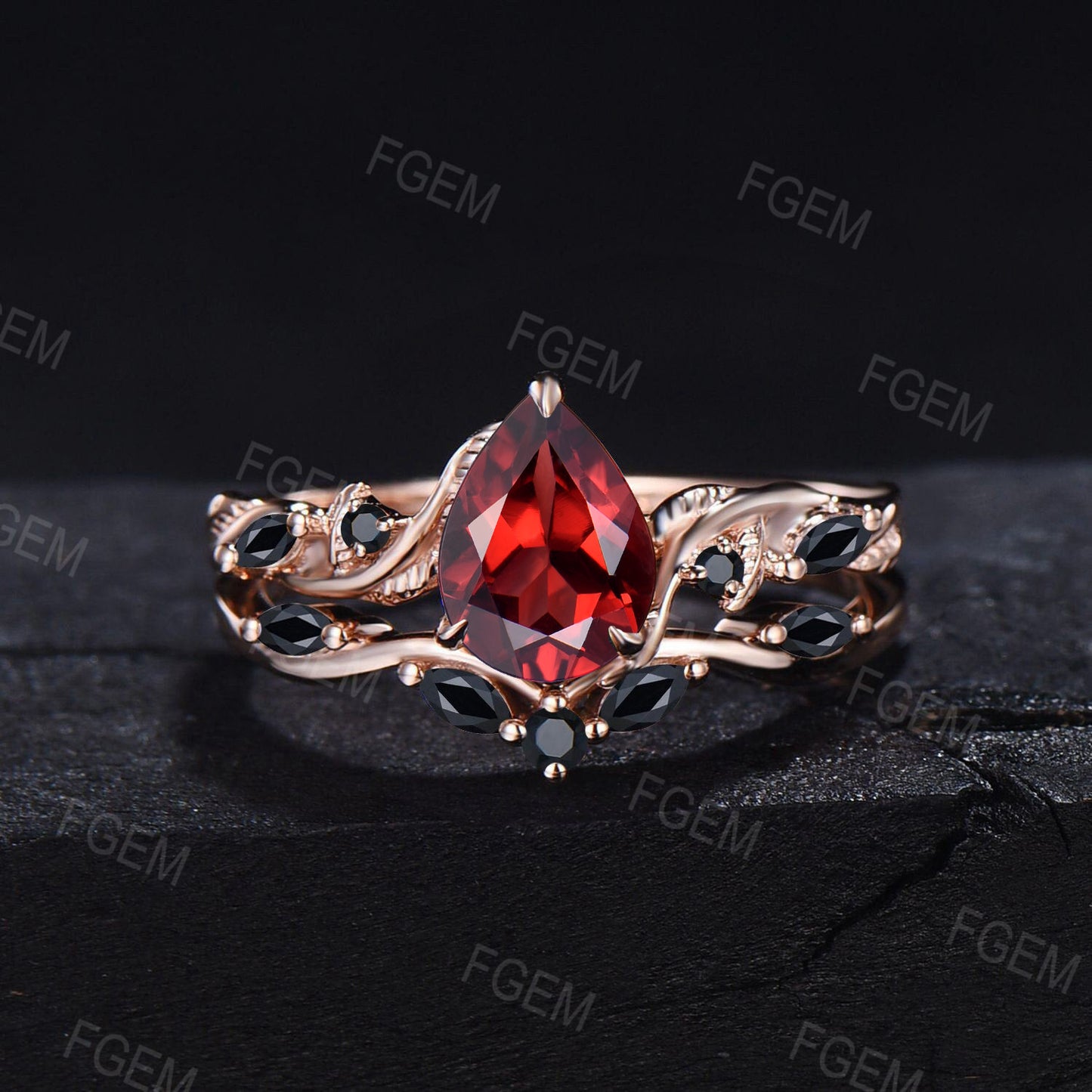 Twisted Vine Natural Garnet and Black Diamond Bridal Ring 1.25ct Pear Cut Red Garnet Engagement Rings Vintage Antique Art Deco Nature Inspired Wedding Ring Set