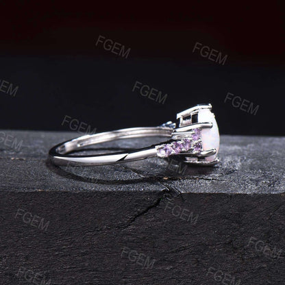 Amethyst Opal Engagement Rings October Birthstone Wedding Ring White Gold Half Eternity Amethyst Band Hexagon Cut White Opal Platinum Ring