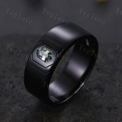 7mm Black Gold Mens Hexagon Moss Agate Wedding Band Nature Inspired Green Agate Engagement Ring Plain Band Mens Stacking Band Promise Ring