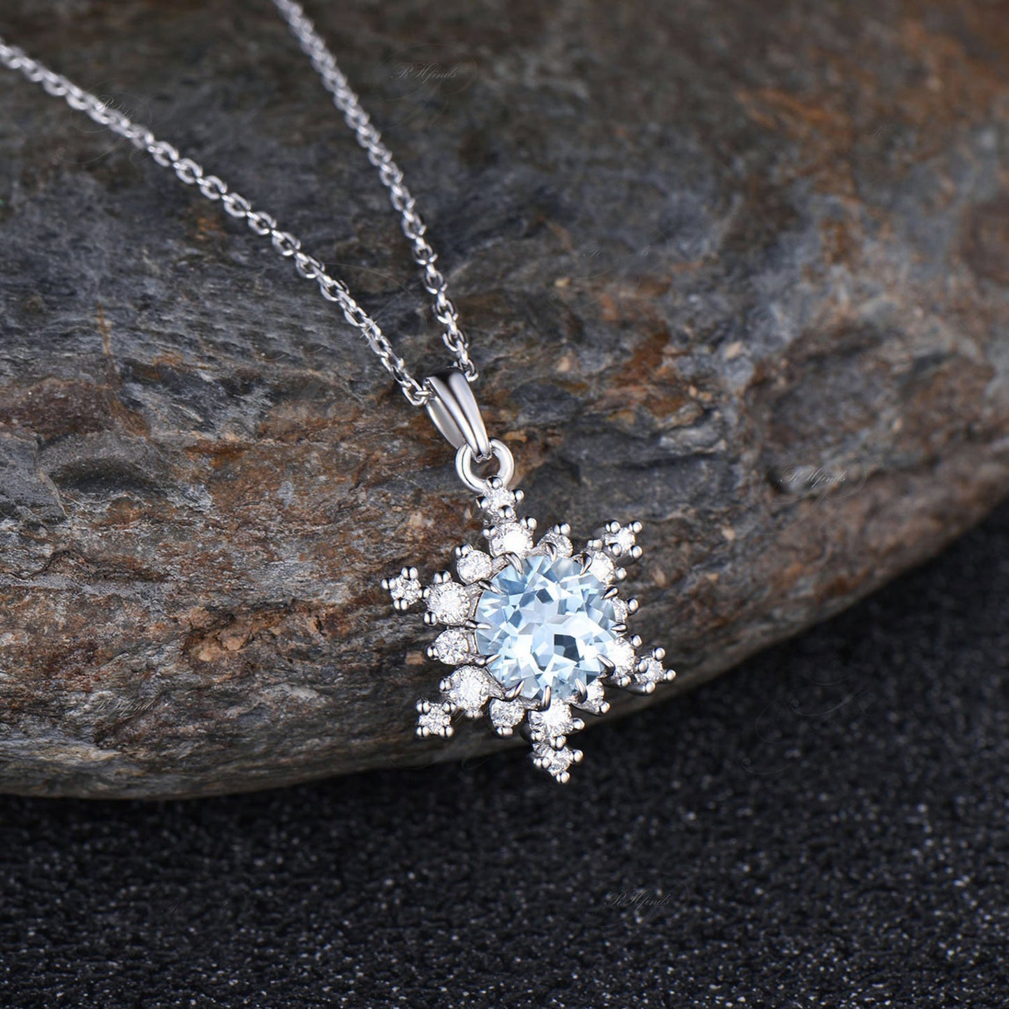 Minimalist Round Cut March Birthstone Natural Aquamarine Necklace Unique 14k White Gold Snowflake Pendant Art Deco Moissanite Halo Necklace