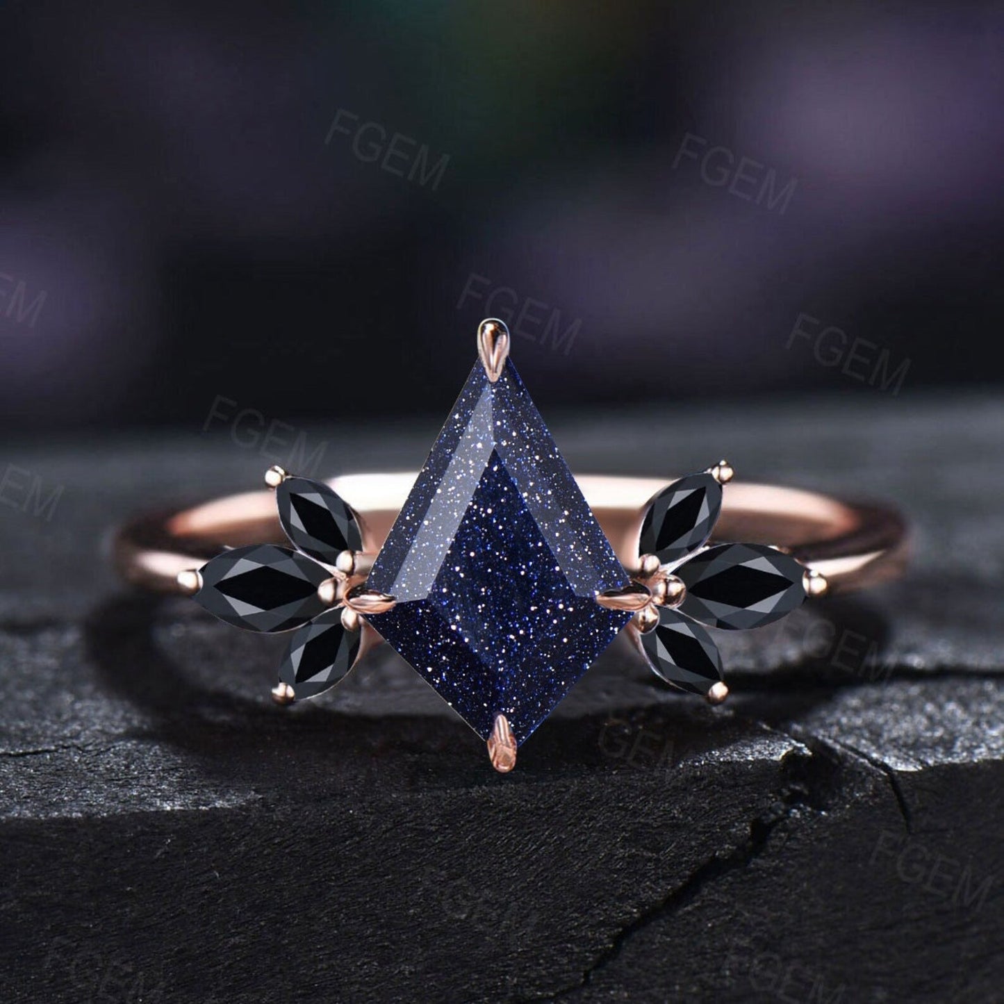 1.25ct Pear Shaped Starry Sky Blue Sandstone Cluster Engagement Ring 14K Rose Gold Black Diamond Ring Unique Handmade Proposal Gifts for Her