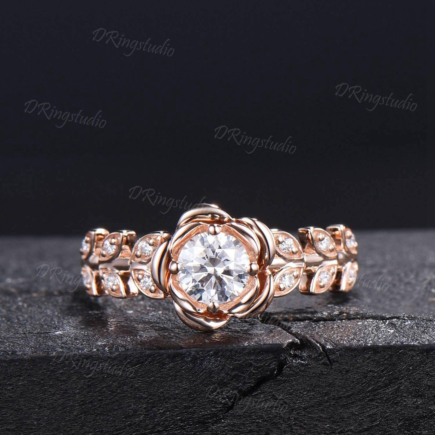 Rose Flower Moissanite Engagement Ring 10K/14K/18K Rose Gold Vintage Leaf Diamond Bridal Ring Unique Anniversary Gift Floral Wedding Ring