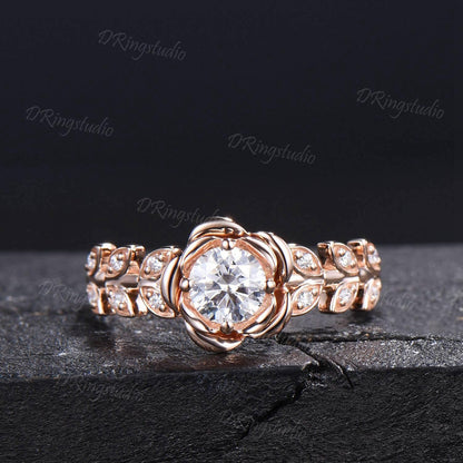 Rose Flower Moissanite Engagement Ring 10K/14K/18K Rose Gold Vintage Leaf Diamond Bridal Ring Unique Anniversary Gift Floral Wedding Ring