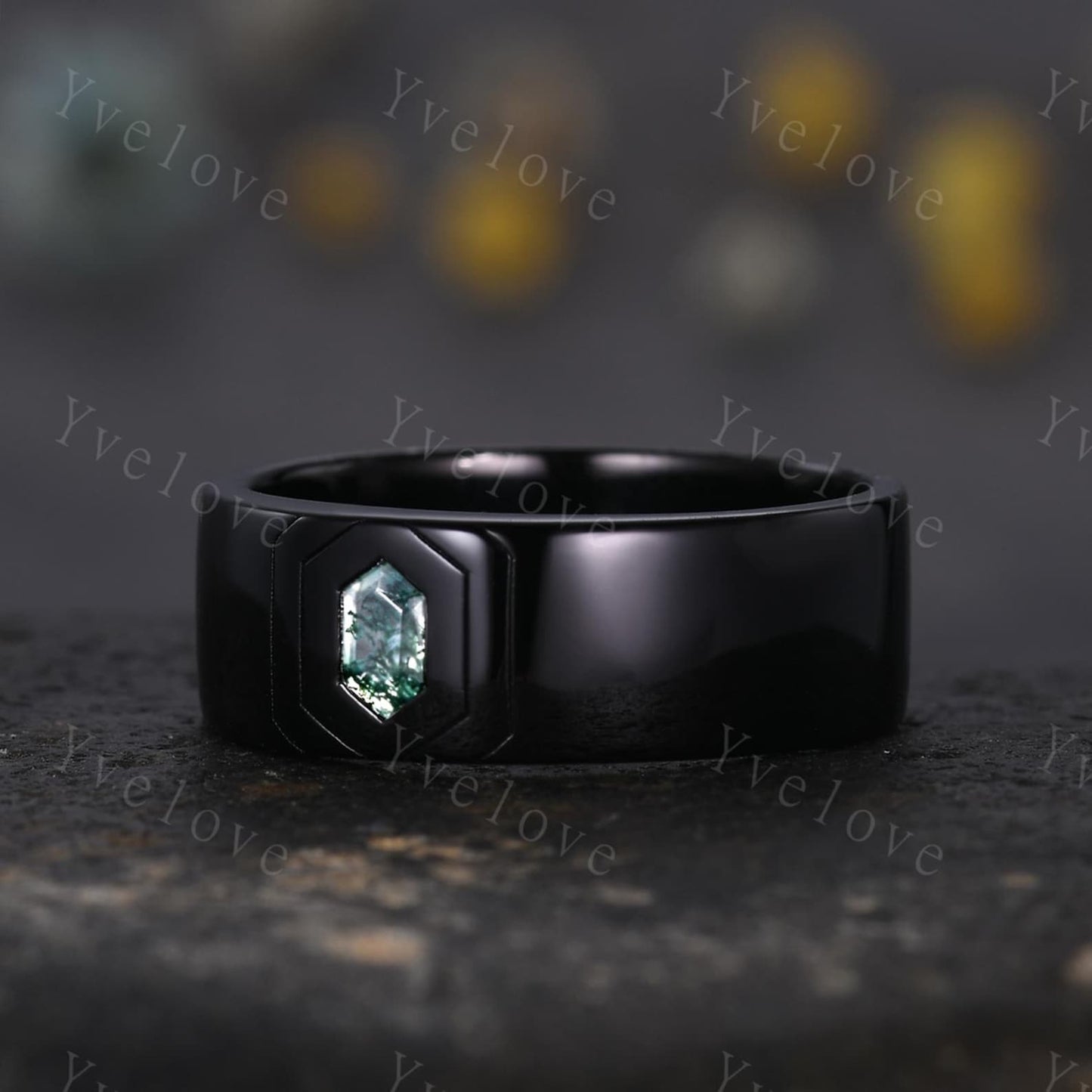 7mm Black Gold Mens Hexagon Moss Agate Wedding Band Nature Inspired Green Agate Engagement Ring Plain Band Mens Stacking Band Promise Ring
