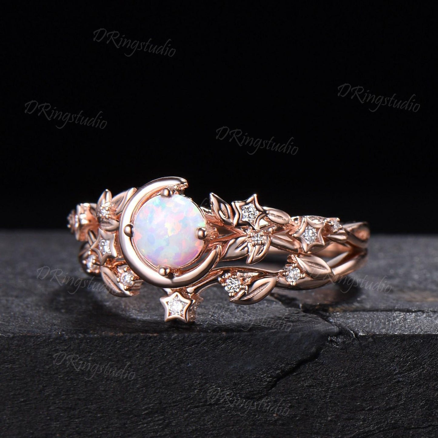 Nature Inspired Round White Opal Bridal Ring Set Moissanite Cluster Moon Star Rose Gold Engagement Ring Leaf Vine Crescent Moon Ring for Her