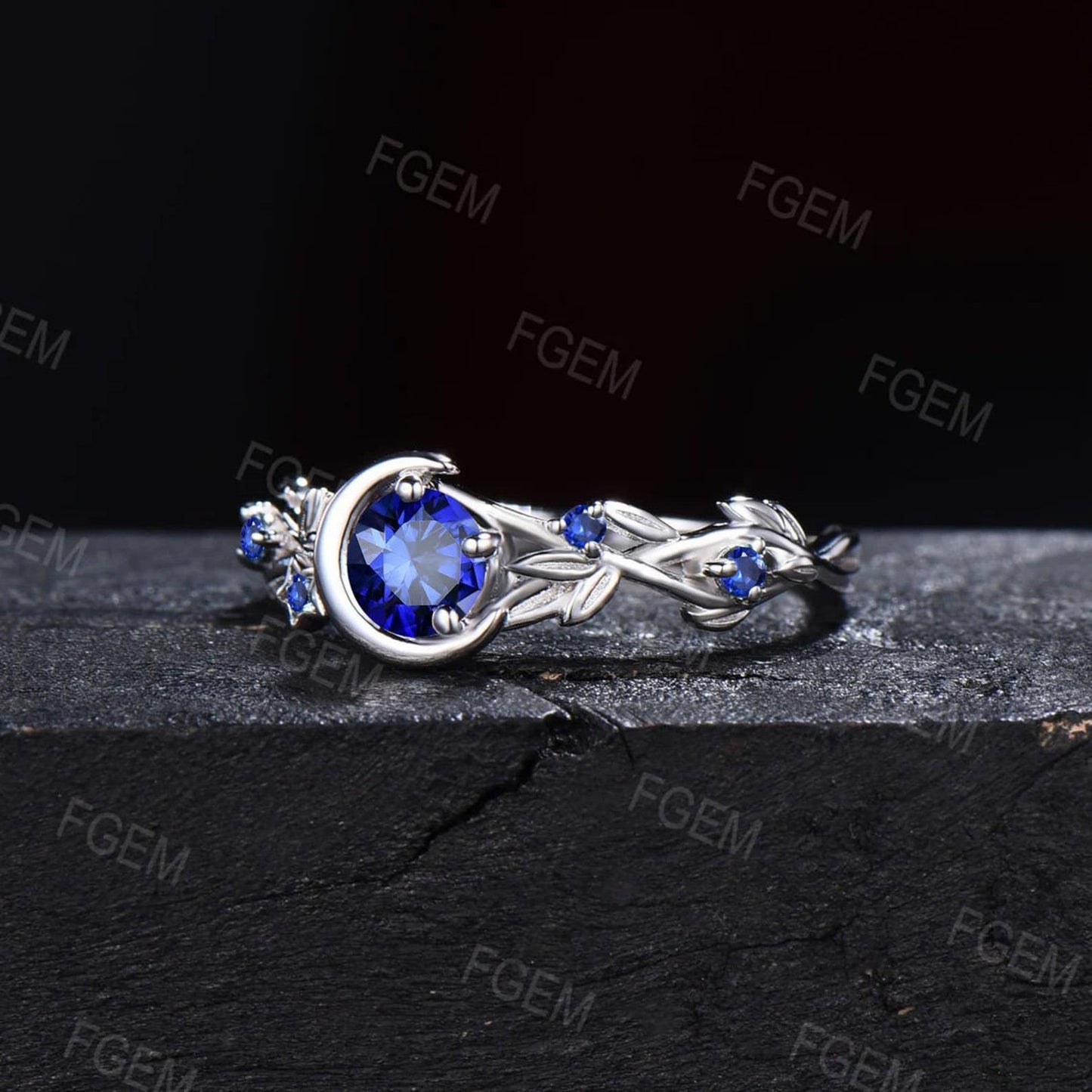 Nature Inspired Blue Sapphire Engagement Ring Moon Star Design Round Natural Blue Sapphire Ring Silver Branch Twig September Birthstone Wedding Ring