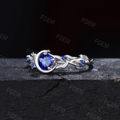 Nature Inspired Blue Sapphire Engagement Ring Moon Star Design Round Blue Sapphire Ring Silver Branch Twig September Birthstone Wedding Ring