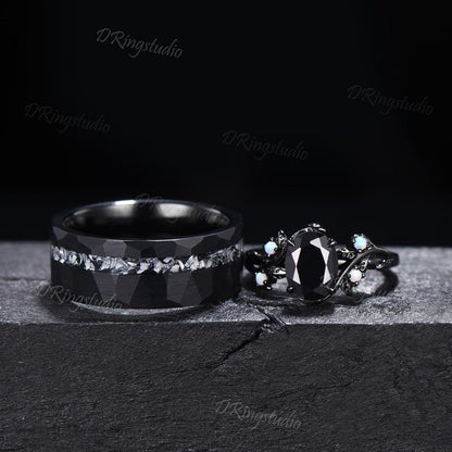 Gothic Natural Black Onyx Couples Promise Ring Set Black Gold Twig Leaf Witchy Engagement Ring Set Black Tungsten His and Hers Wedding Band