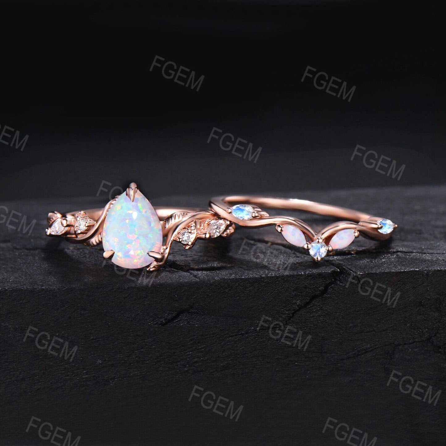 Nature Inspired White Opal Ring Set Vintage 1.25ct Pear Moonstone Opal Engagement Ring Twist Leaf Moissanite Wedding Ring Set Promise Gifts