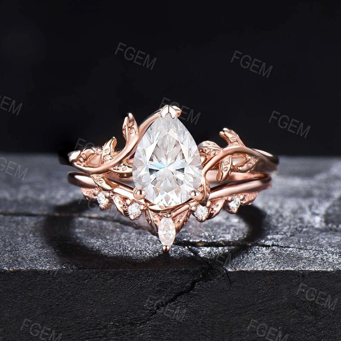 1.25ct Pear Moissanite Ring Set Nature Inspired Engagement Ring Leaf Vine Branch Solitaire Ring Unique Wedding Anniversary Gifts for Women