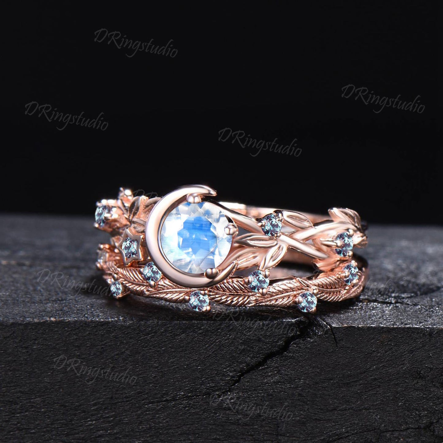 Celestial Rainbow Moonstone Ring Set Twig leaf Vine Alexandrite Ring Moon Star Round Moonstone Bridal Set Crescent Moon Ring Proposal Gifts