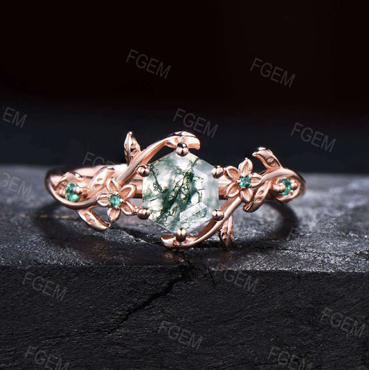 1ct Natural Hexagon Moss Agate Ring Vintage Nature Engagement Ring Floral Green Emerald Ring Healing Gemstone Unique Flower Promise Rings