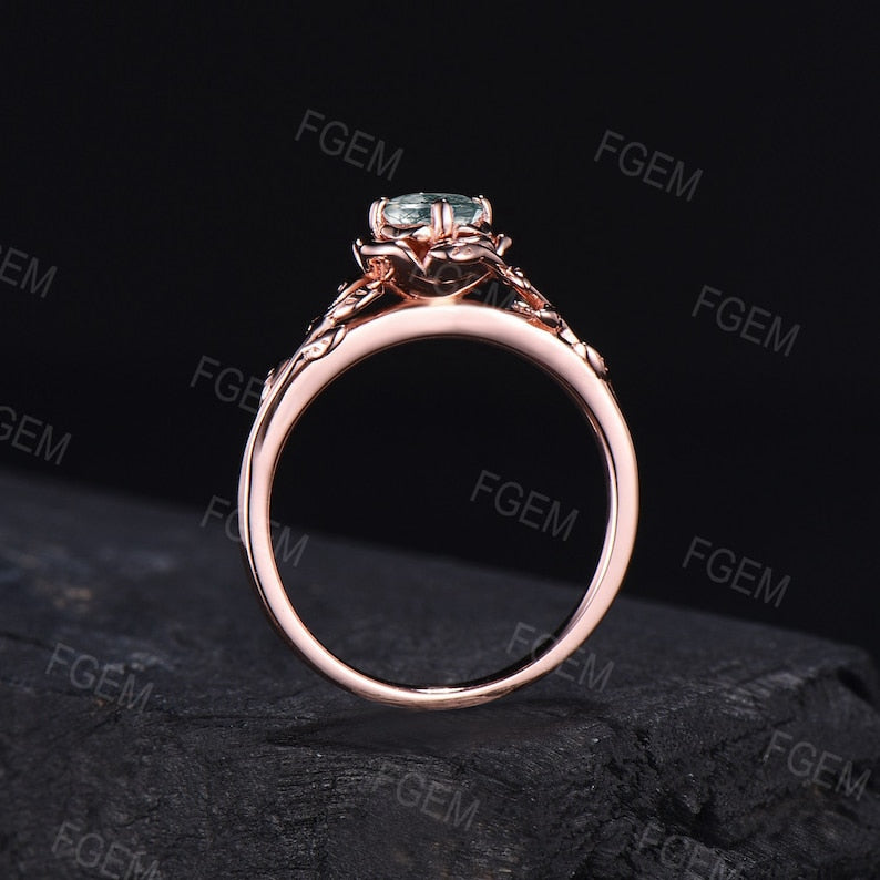 Nature Inspired Moss Agate Engagement Ring 10K Rose Gold Rose Flower Wedding Ring Vintage Leaf Branch Moss Ring Cluster Green Emerald Ring