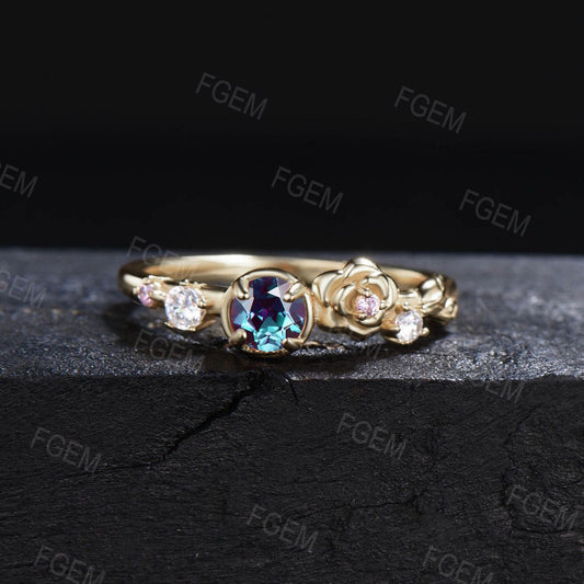 Unique Dainty Bezel Set Alexandrite Rose Flower Promise Ring 10K Gold Moissanite Leaf Band July Birthstone Minimalist Floral Wedding Ring